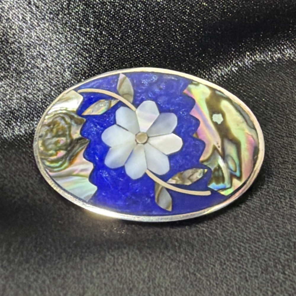 Alpaca Mexico Abalone Mother Of Pearl Flower Inlay Vintage Silver Brooch